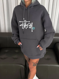 Kadın Oversize Kapüşonlu Cepli Baskılı 3 İplik Pamuklu Hoodie Sweatshirt - Füme