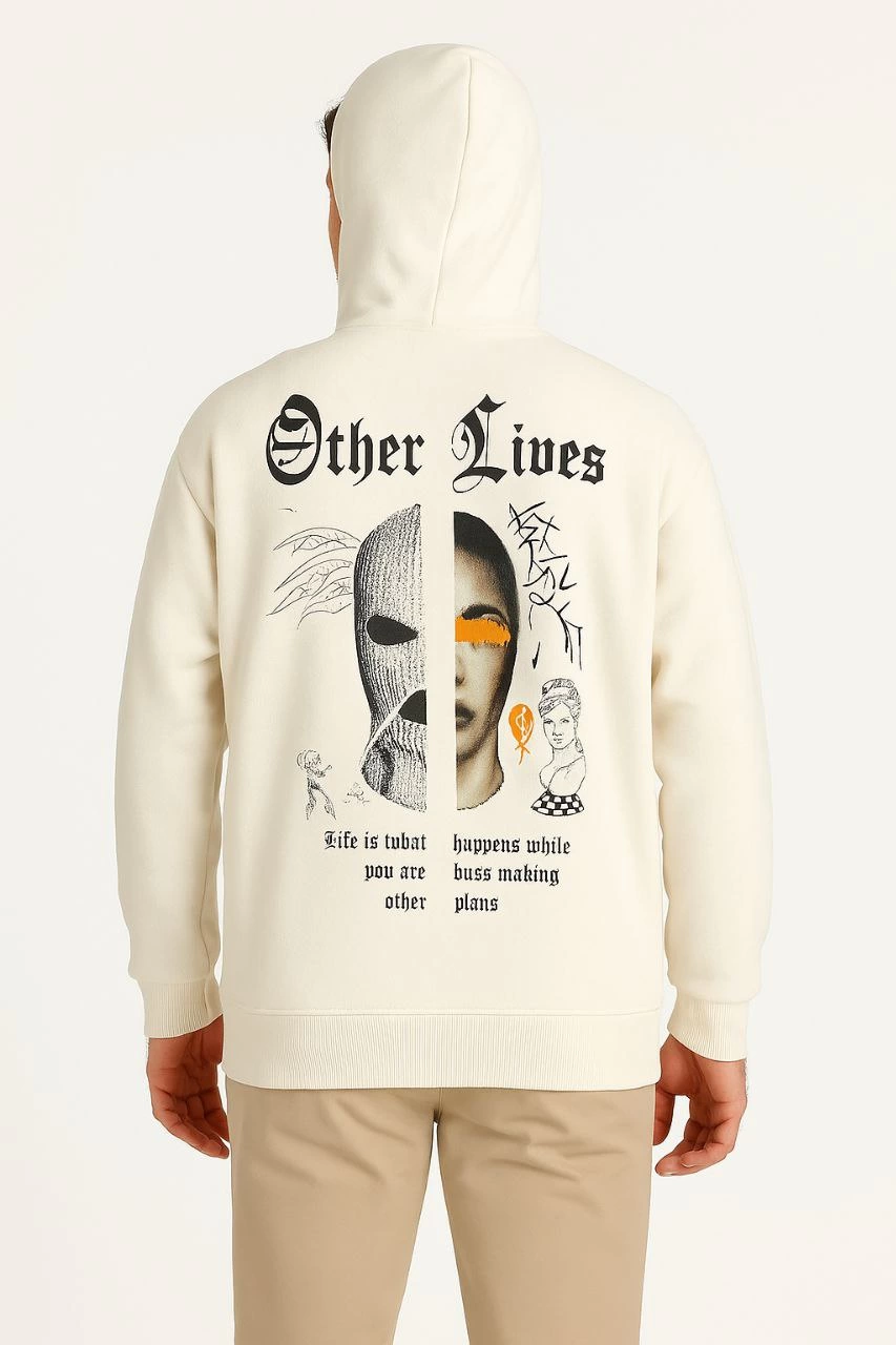 Erkek Kapüşonlu Kanguru Cepli Sweatshirt 3 İplik Pamuklu Baskılı Hoodie - Beyaz
