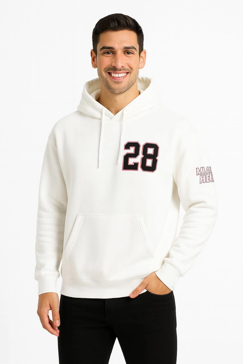 Erkek Kapüşonlu Kanguru Cepli Sweatshirt 3 İplik Pamuklu Baskılı Hoodie - Beyaz