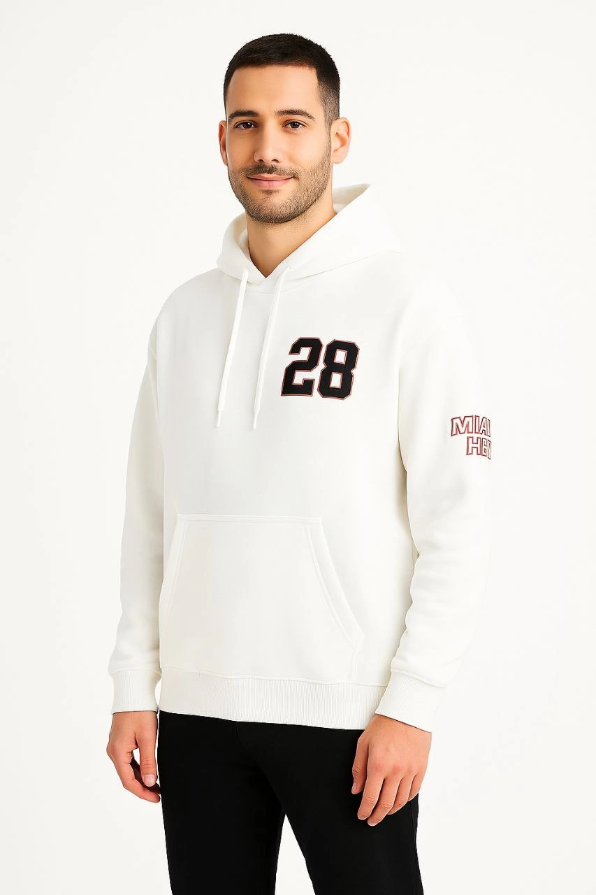 Erkek Kapüşonlu Kanguru Cepli Sweatshirt 3 İplik Pamuklu Baskılı Hoodie - Beyaz