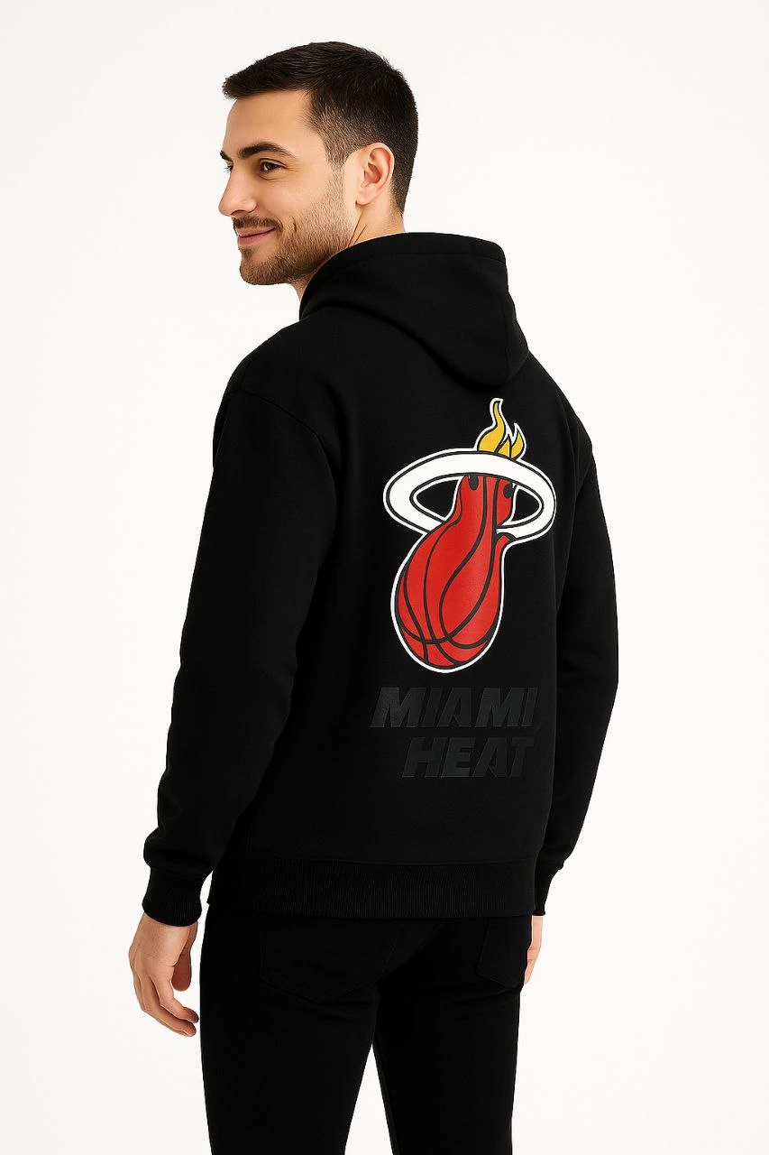 Erkek Kapüşonlu Kanguru Cepli Sweatshirt 3 İplik Pamuklu Baskılı Hoodie - Siyah