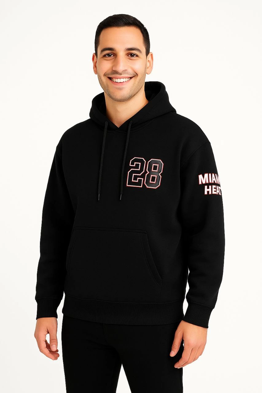 Erkek Kapüşonlu Kanguru Cepli Sweatshirt 3 İplik Pamuklu Baskılı Hoodie - Siyah