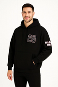 Erkek Kapüşonlu Kanguru Cepli Sweatshirt 3 İplik Pamuklu Baskılı Hoodie - Siyah