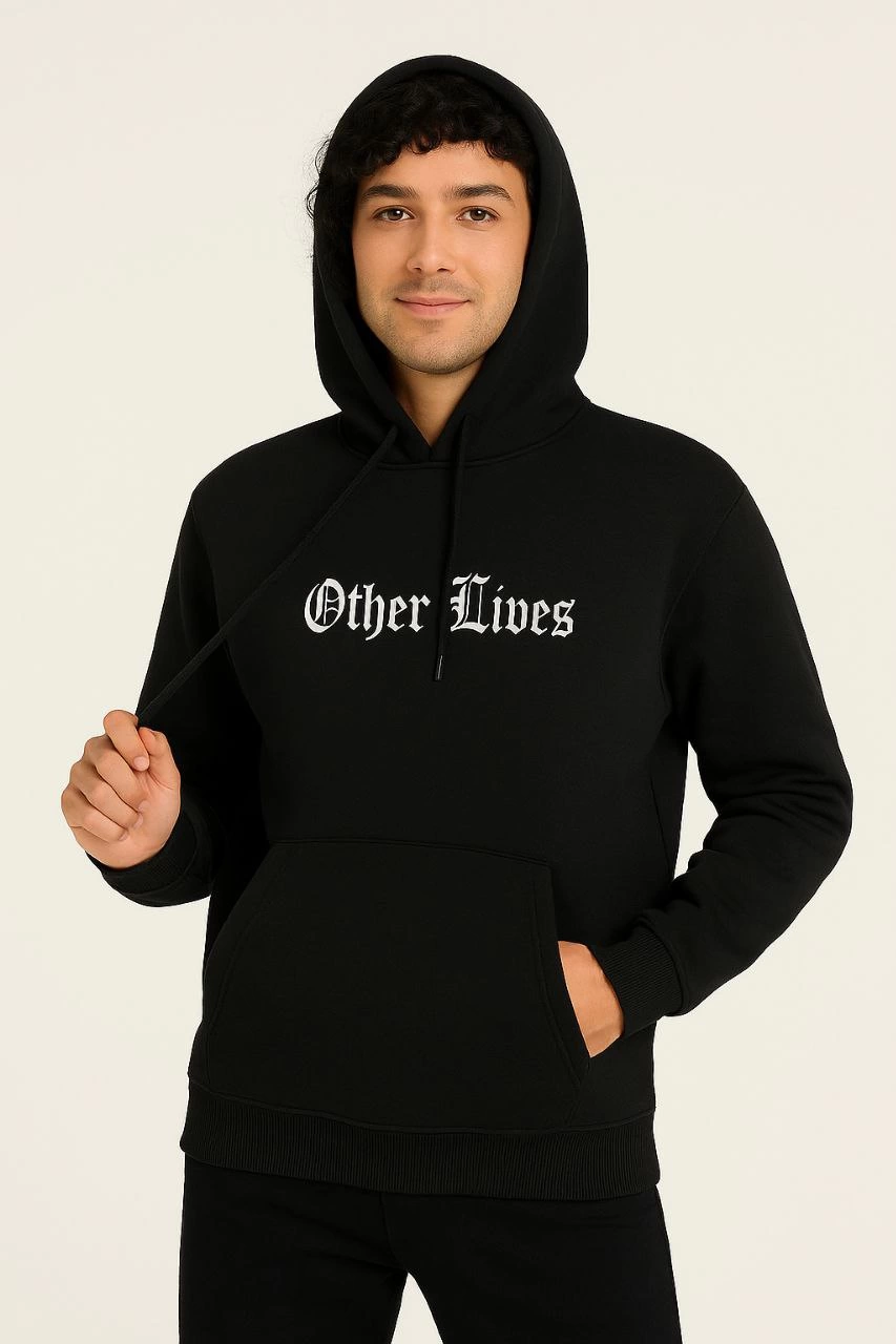 Erkek Kapüşonlu Kanguru Cepli Sweatshirt 3 İplik Pamuklu Baskılı Hoodie - Siyah