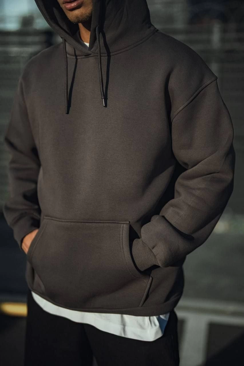 Erkek 3 İplik Pamuklu Kapüşonlu Basic SweatShirt Hoodie - Füme