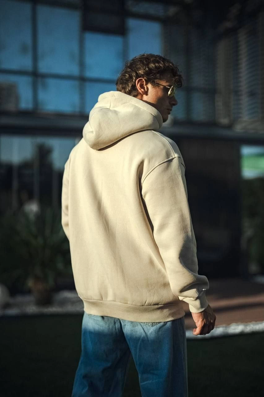 Erkek 3 İplik Pamuklu Kapüşonlu Basic SweatShirt Hoodie - Bej