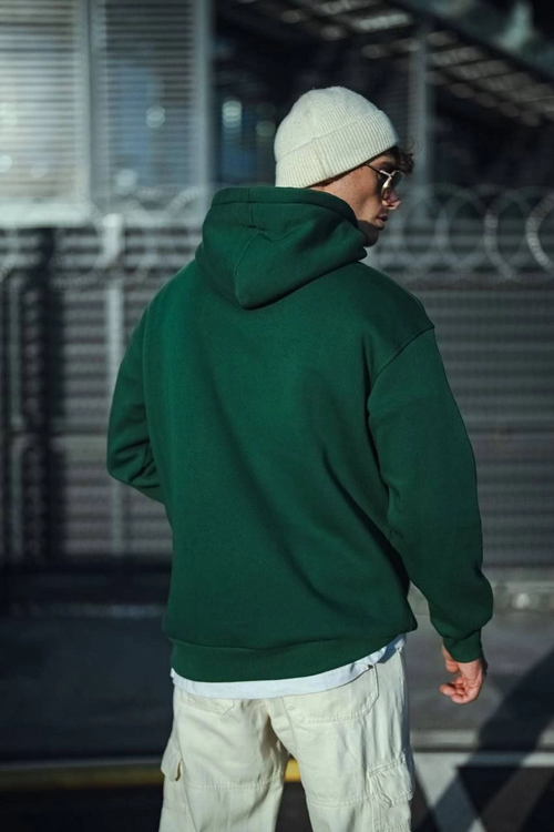 Erkek 3 İplik Pamuklu Kapüşonlu Basic SweatShirt Hoodie - Haki
