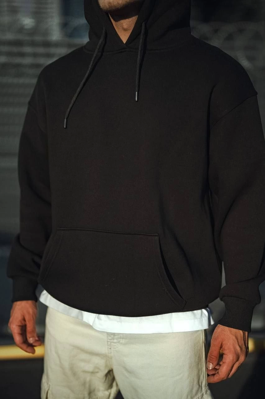 Erkek 3 İplik Pamuklu Kapüşonlu Basic SweatShirt Hoodie - Siyah