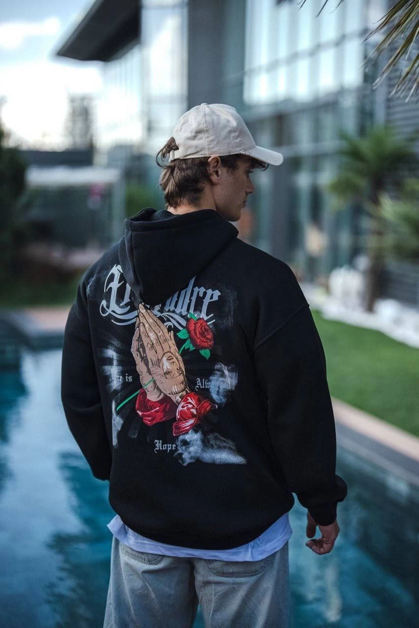 Erkek 3 İplik Pamuklu Kapüşonlu Baskılı Cepli Oversize Sweatshirt Hoodie - Siyah