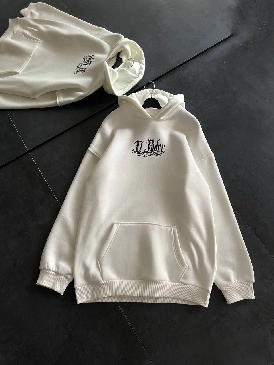 Kadın Oversize Kapüşonlu Cepli Baskılı 3 İplik Pamuklu Hoodie Sweatshirt - Beyaz