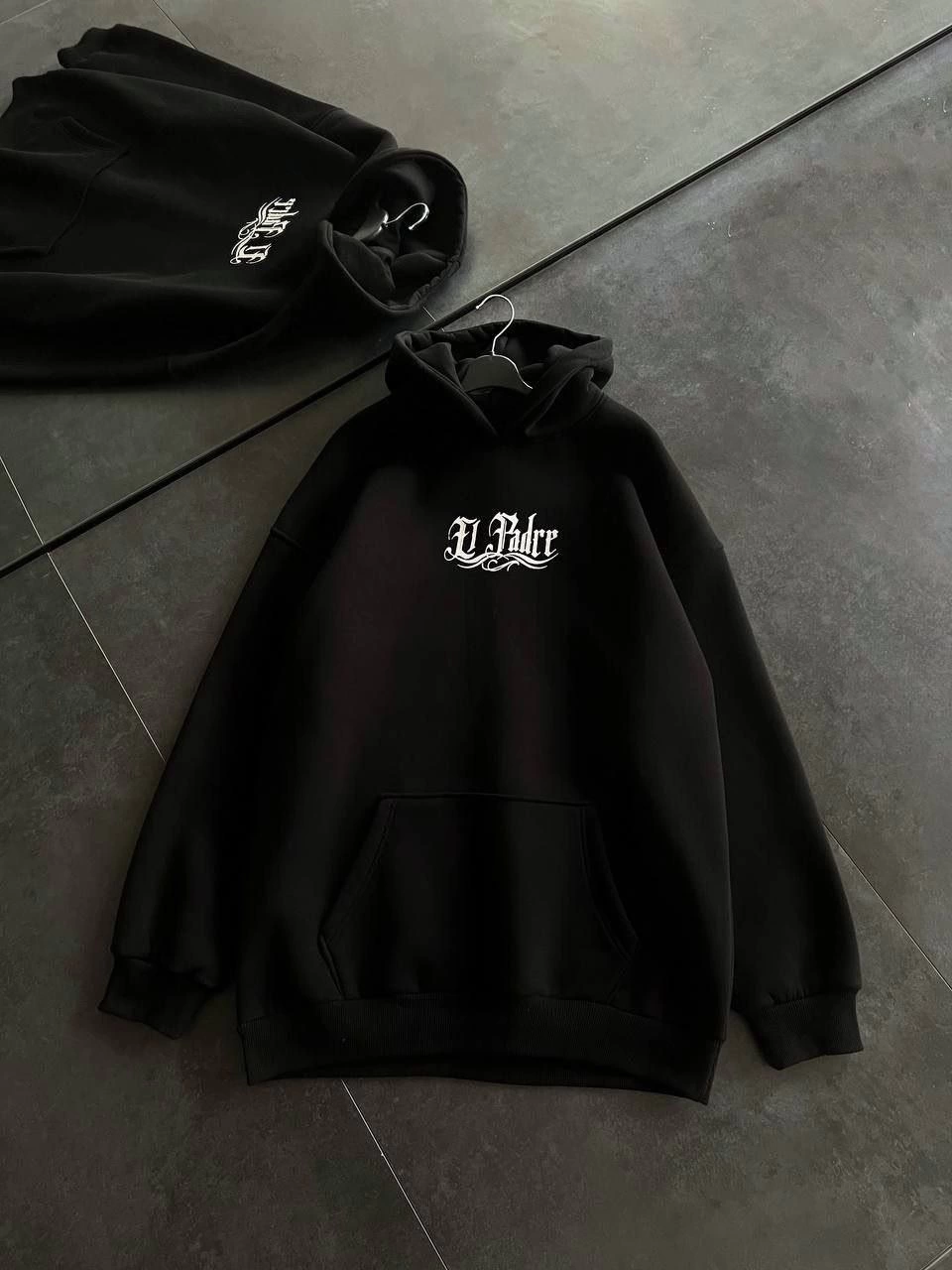 Kadın Oversize Kapüşonlu Cepli Baskılı 3 İplik Pamuklu Hoodie Sweatshirt - Siyah