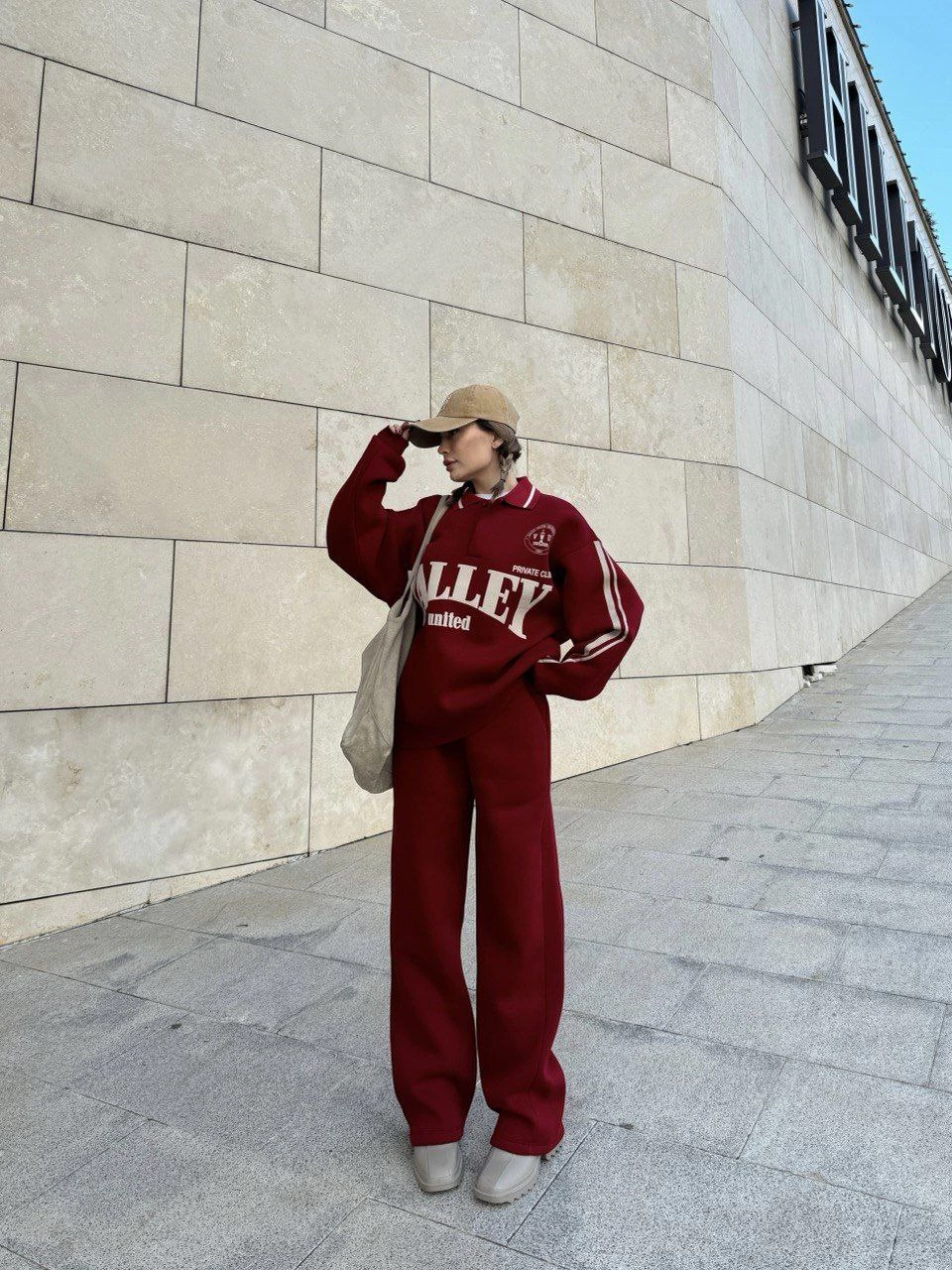 Kadın 3 İplik Pamuklu Yakalı Sweat Baggy Pantolonlu Takım - Bordo