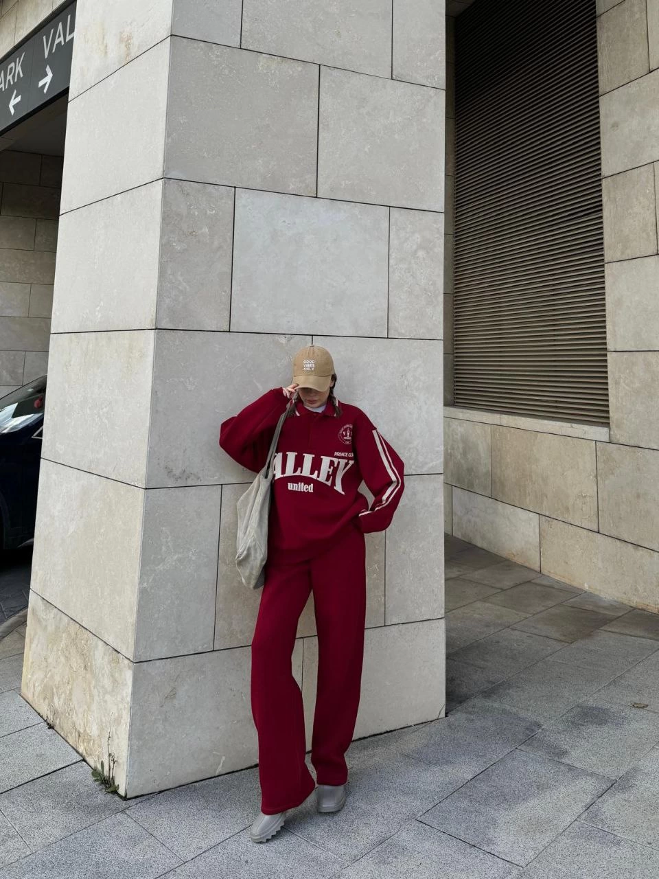 Kadın 3 İplik Pamuklu Yakalı Sweat Baggy Pantolonlu Takım - Bordo
