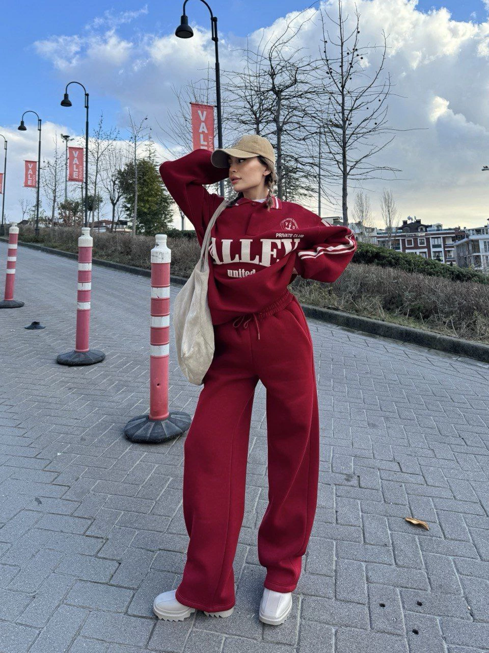 Kadın 3 İplik Pamuklu Yakalı Sweat Baggy Pantolonlu Takım - Bordo