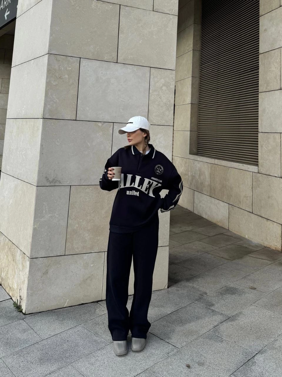 Kadın 3 İplik Pamuklu Yakalı Sweat Baggy Pantolonlu Alt-Üst Takım - Siyah