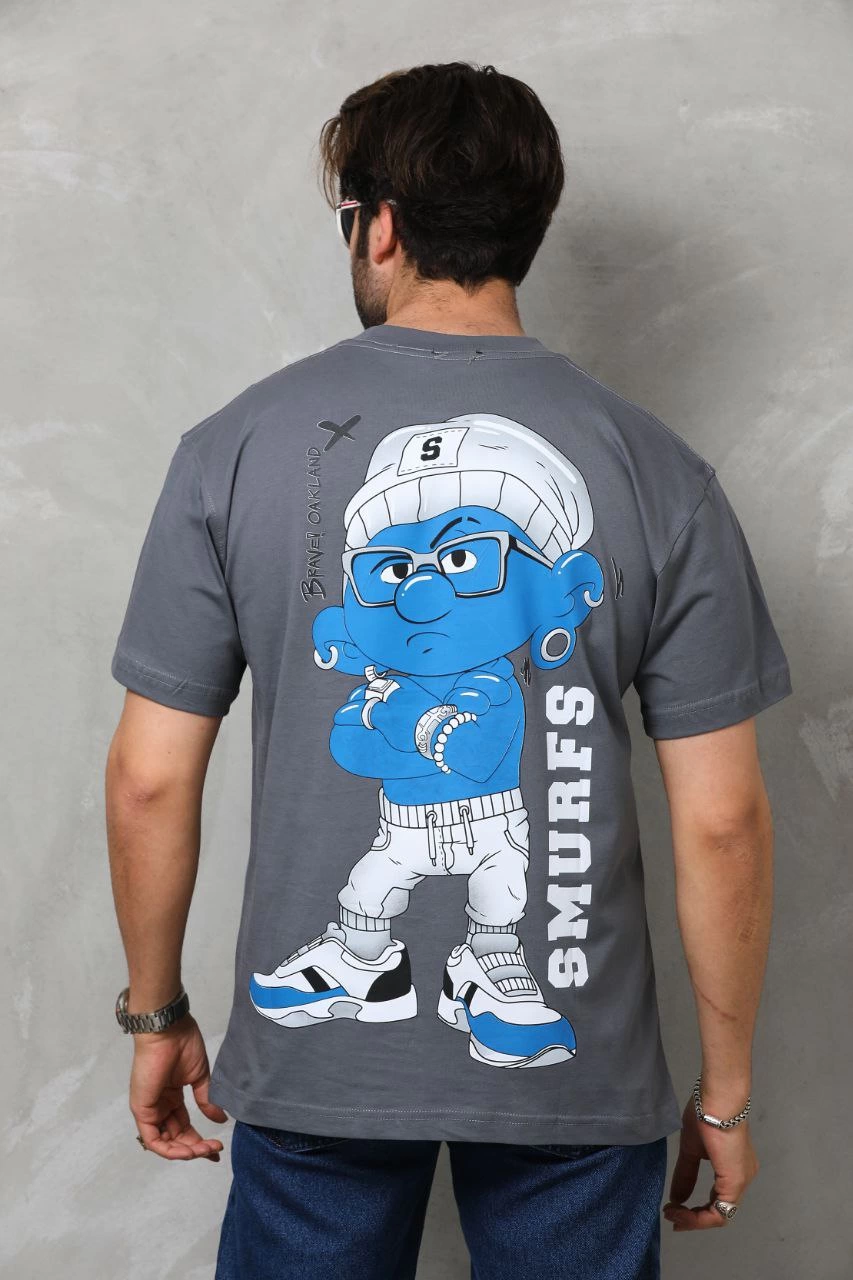 Erkek Kısa Kol Yazlık Tişört Bisiklet Yaka Baskılı Oversize T-Shirt - Füme