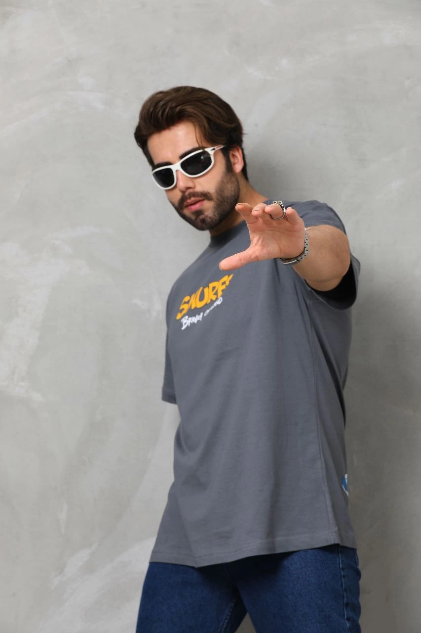 Erkek Kısa Kol Yazlık Tişört Bisiklet Yaka Baskılı Oversize T-Shirt - Füme
