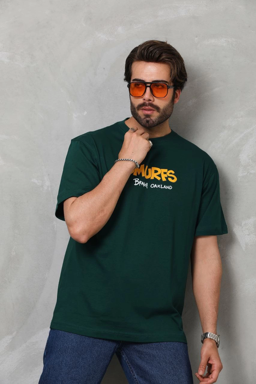 Erkek Kısa Kol Yazlık Tişört Bisiklet Yaka Baskılı Oversize T-Shirt - Yeşil