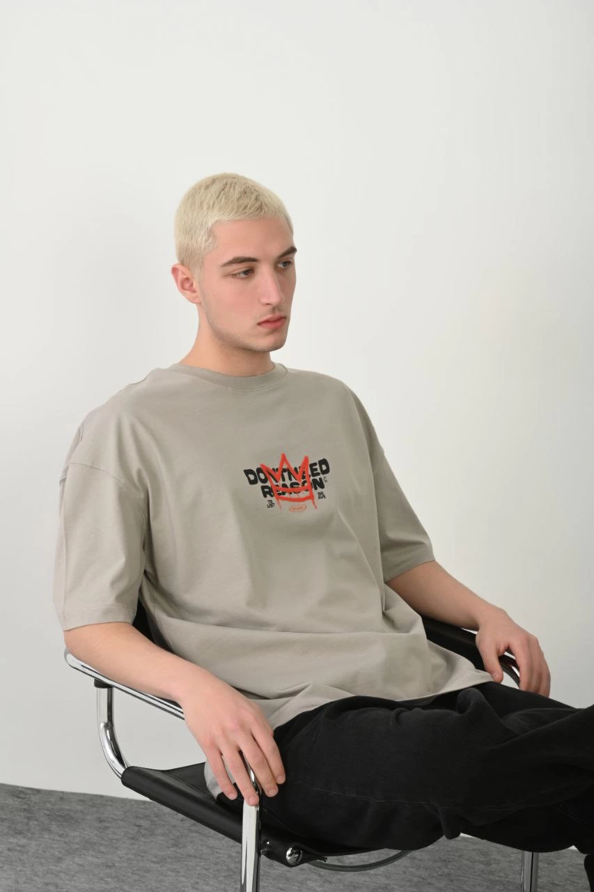 Erkek Baskılı T-Shirt Kısa Kol Bisiklet Yaka Rahat Kalıp Tişört  - Boyalı Gri