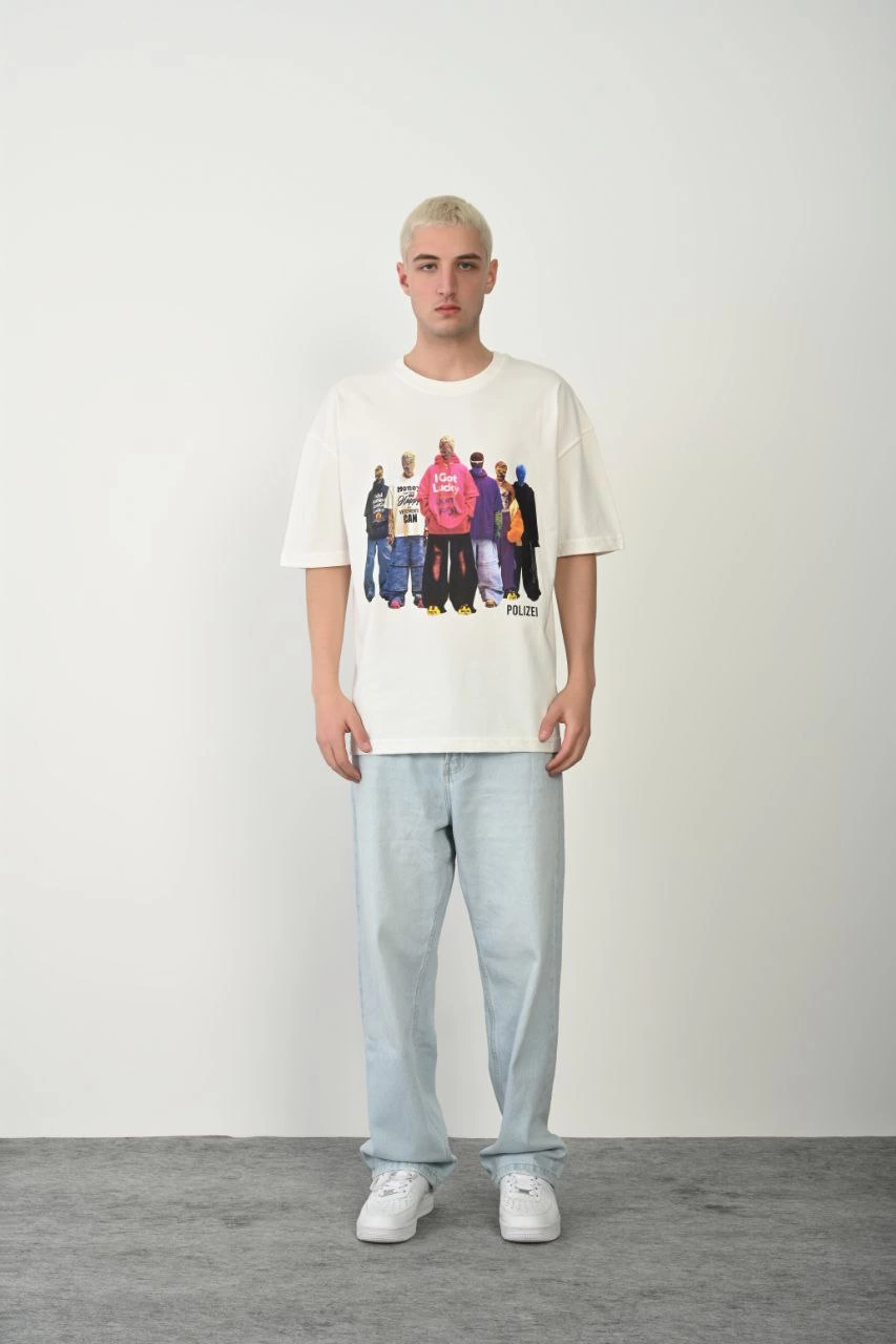 Erkek Baskılı T-Shirt Kısa Kol Bisiklet Yaka Rahat Kalıp Tişört - Beyaz
