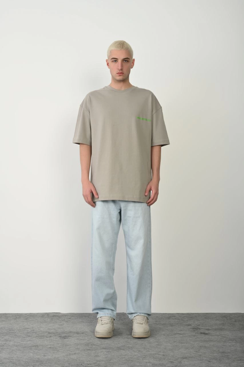 Erkek Baskılı T-Shirt Kısa Kol Bisiklet Yaka Rahat Kalıp Tişört  - Boyalı Gri