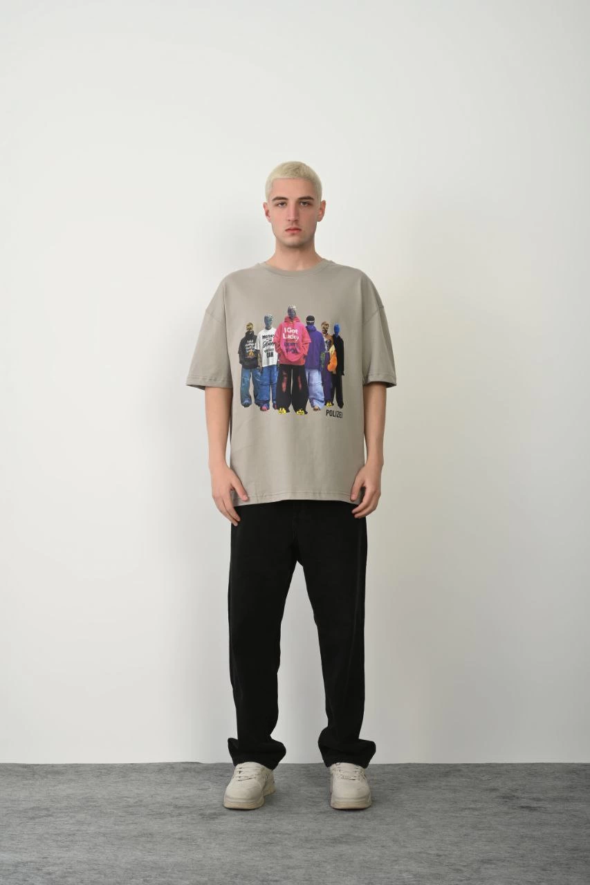 Erkek Baskılı T-Shirt Kısa Kol Bisiklet Yaka Rahat Kalıp Tişört - Boyalı Gri
