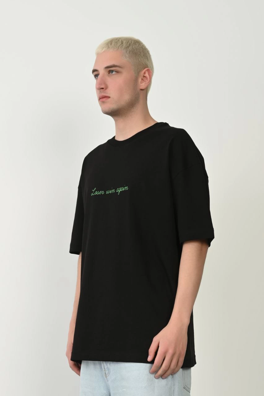 Erkek Baskılı T-Shirt Kısa Kol Bisiklet Yaka Rahat Kalıp Tişört  - Siyah