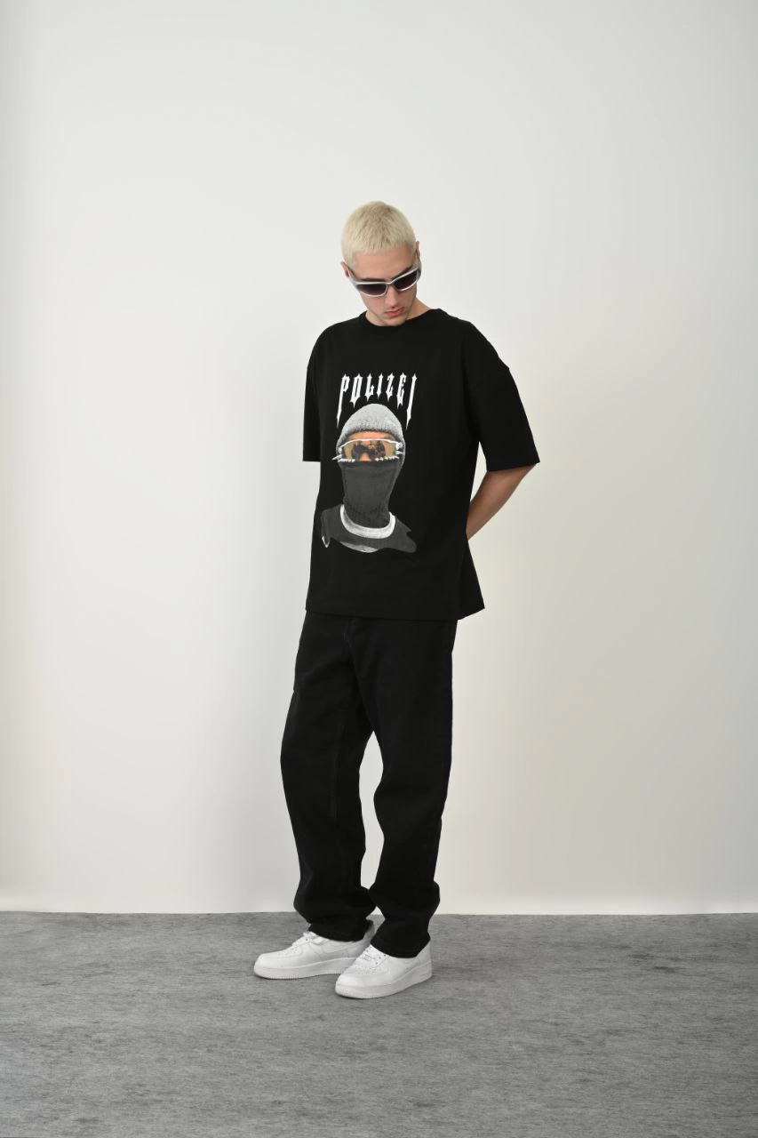 Erkek Baskılı T-Shirt Kısa Kol Bisiklet Yaka Rahat Kalıp Tişört - Siyah