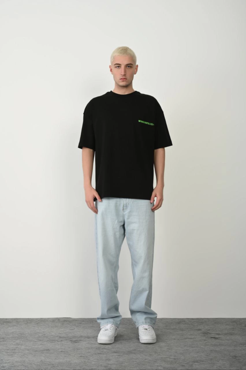 Erkek Baskılı T-Shirt Kısa Kol Bisiklet Yaka Rahat Kalıp Tişört  - Siyah