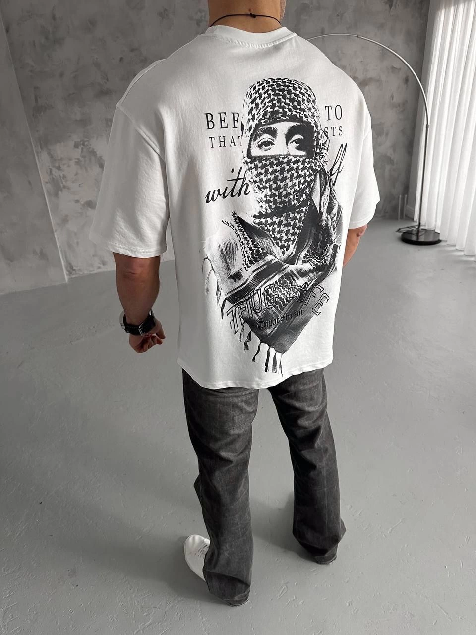 Erkek Kısa Kol Tişört Bisiklet Yaka Filistin Poşulu Baskılı T-Shirt - Beyaz