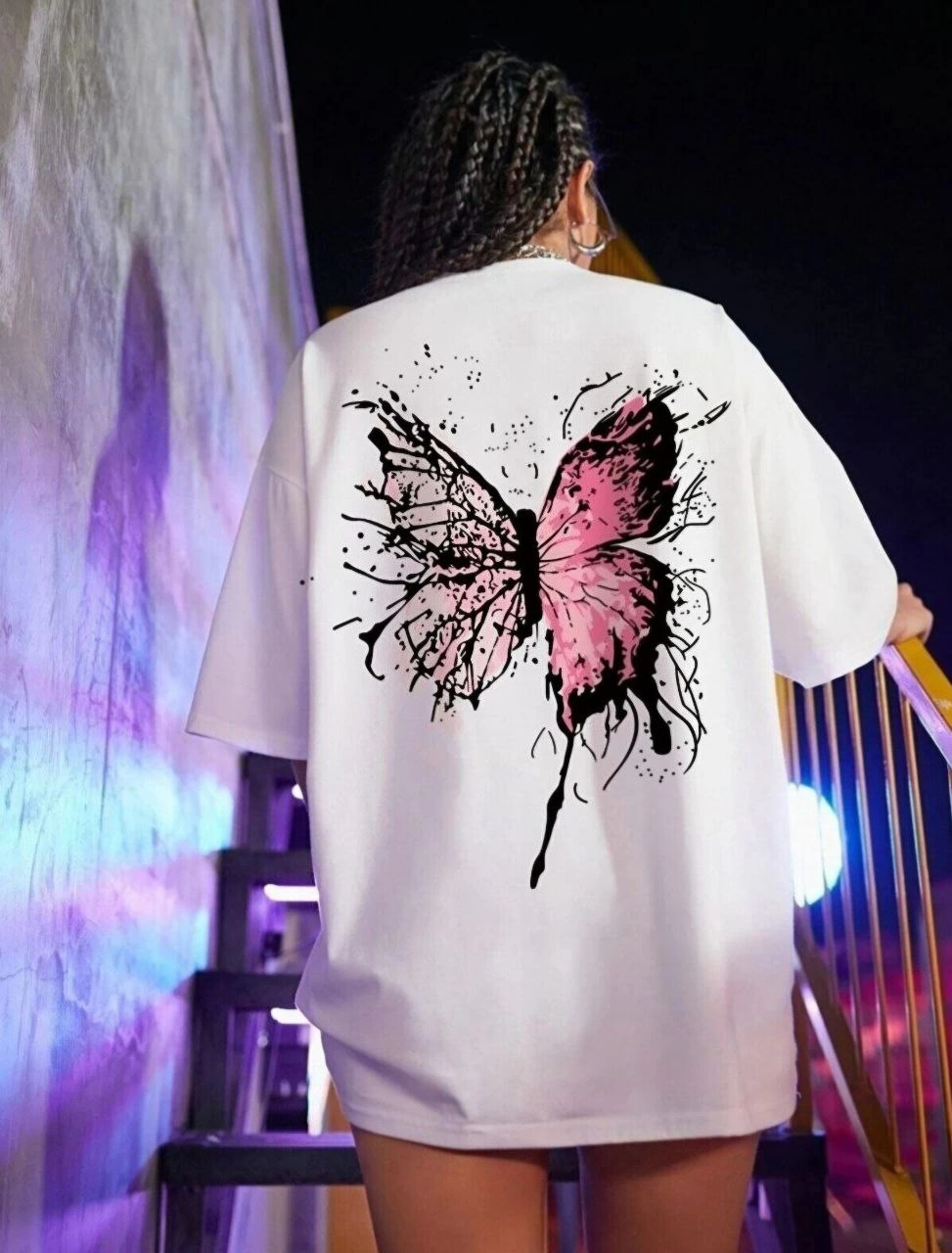 Kadın Tişört Kelebek Baskılı Oversize Kısa Kol T-Shirt - Beyaz