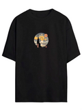 Kadın Baskılı T-Shirt Kısa Kol Bisiklet Yaka Oversize Rahat Kalıp Tişört - Siyah