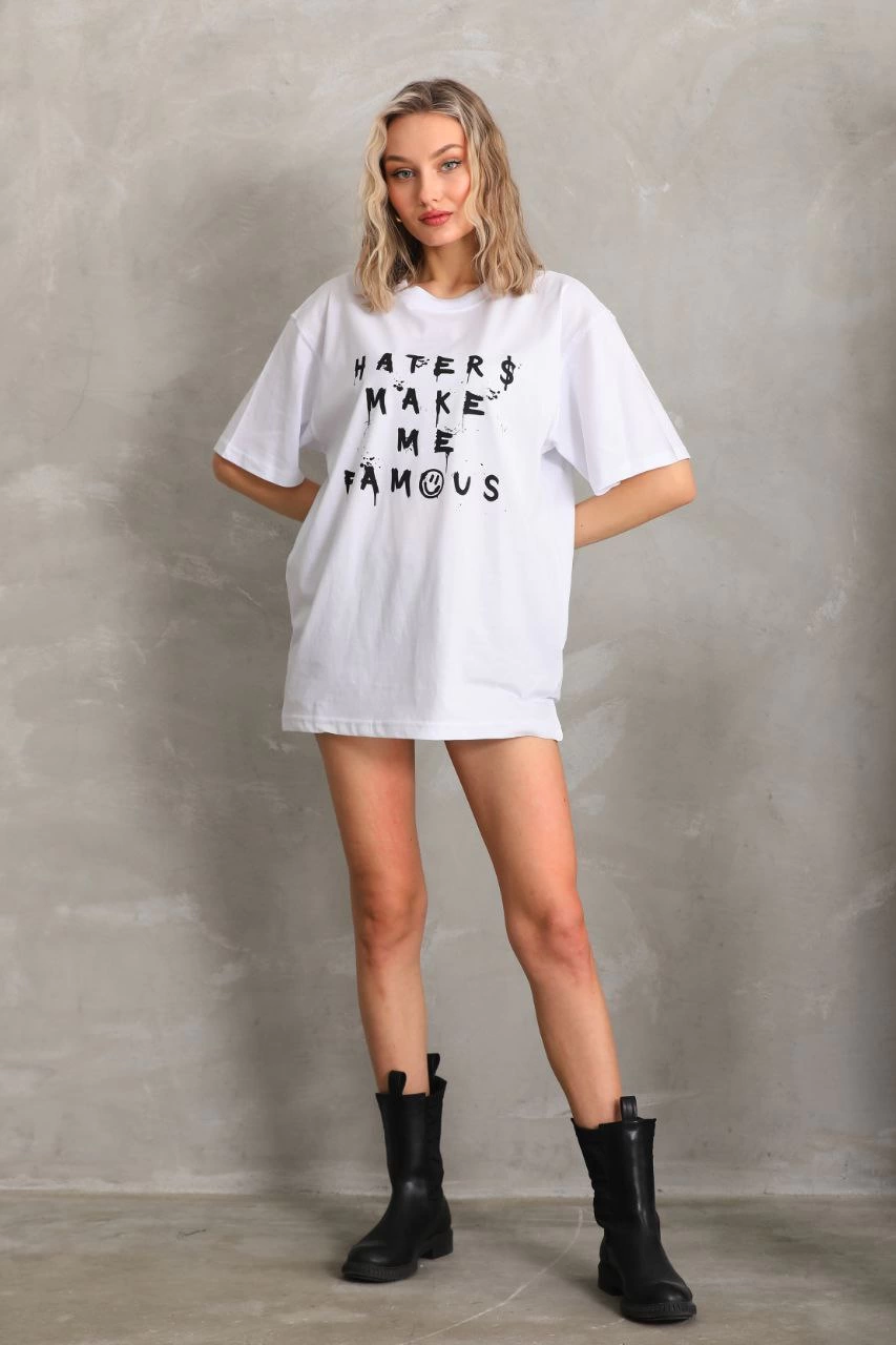 Kadın ön ve arka Baskılı Oversize Kısa kol  T-Shirt - Beyaz