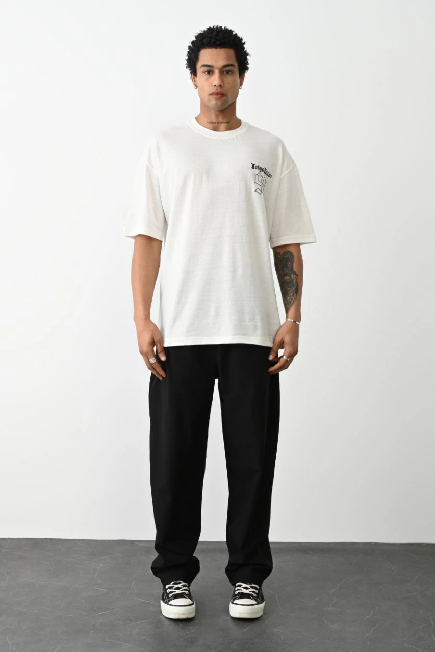 Erkek Kısa Kol Yazlık Tişört Bisiklet Yaka Baskılı Oversize T-Shirt - Beyaz
