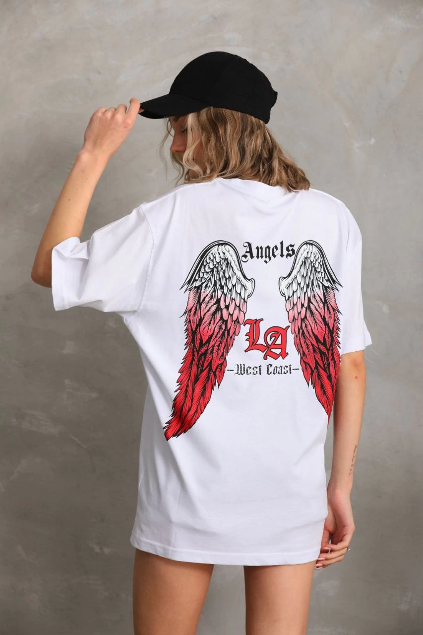 Kadın Baskılı Tişört Kısa Kol Bisiklet Yaka Oversize T-Shirt - Beyaz