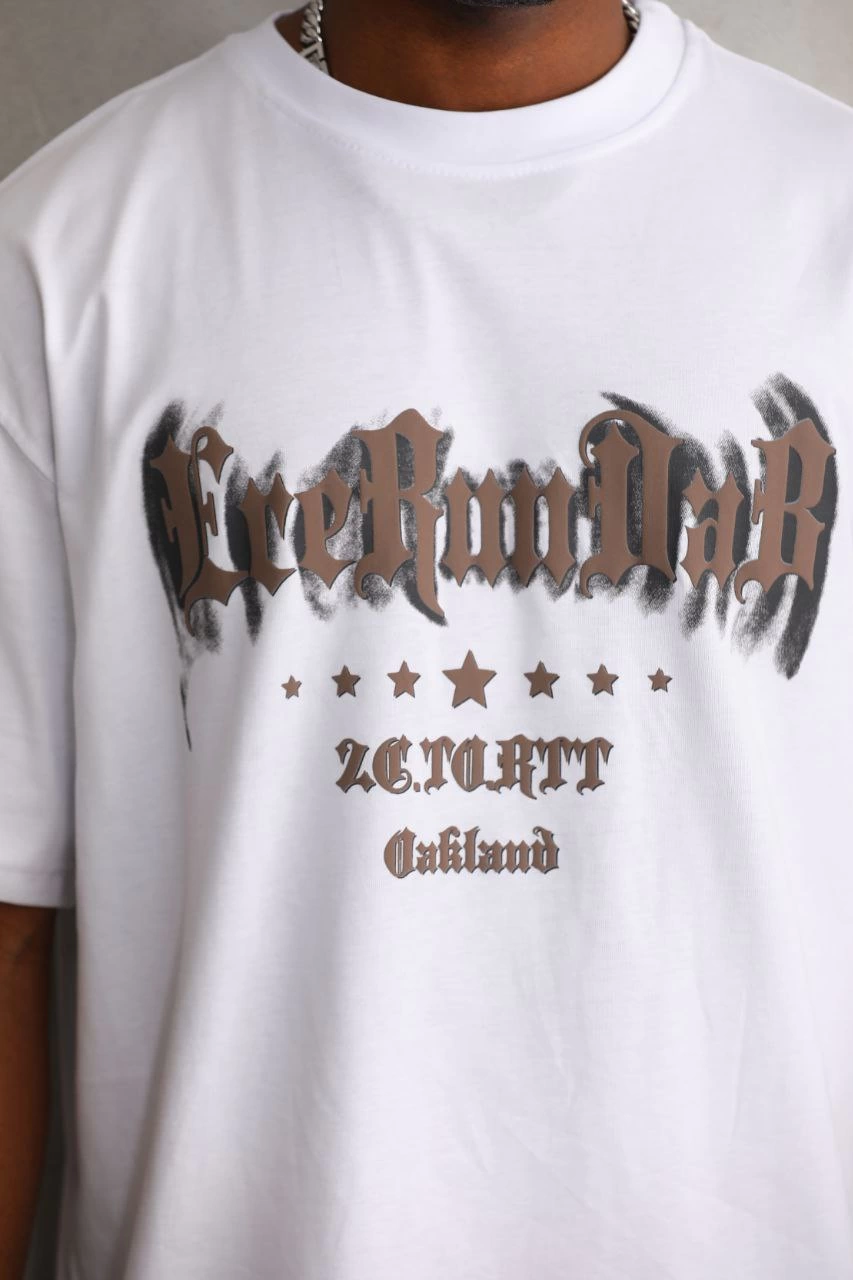 Erkek Baskılı T-Shirt Kısa Kol Bisiklet Yaka Rahat Kalıp Tişört - Beyaz