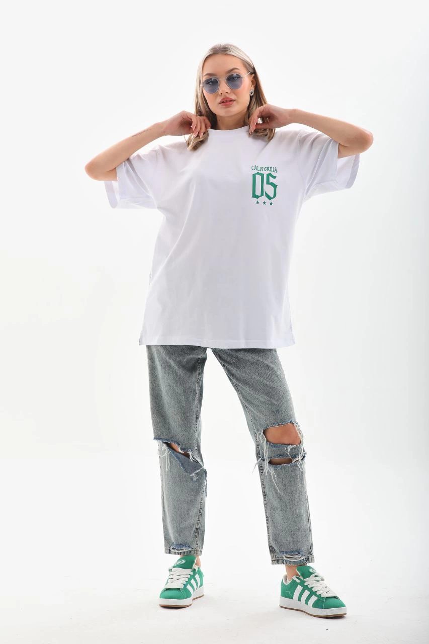 Kadın Baskılı kısa kol  Oversize T-Shirt - Beyaz