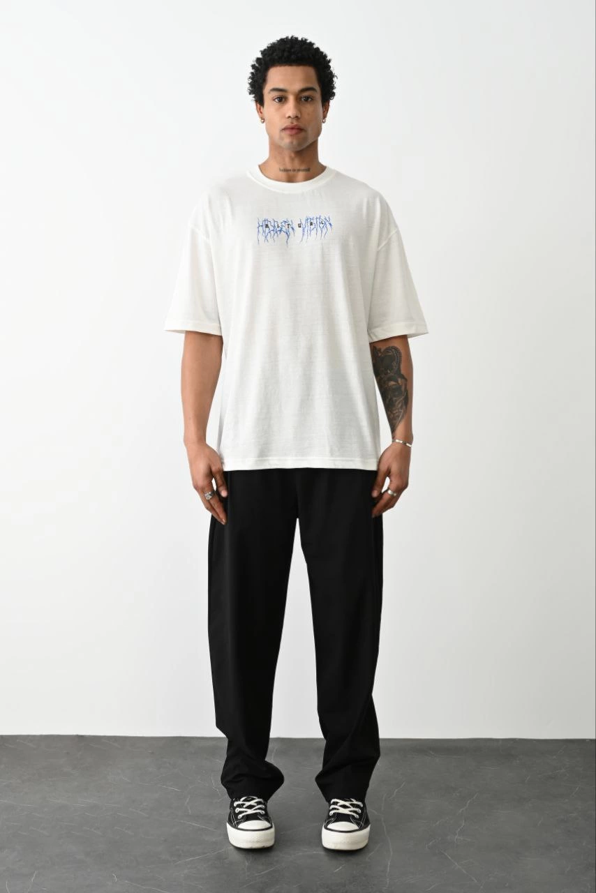 Erkek Kısa Kol Yazlık Tişört Bisiklet Yaka Baskılı Oversize T-Shirt -  Beyaz