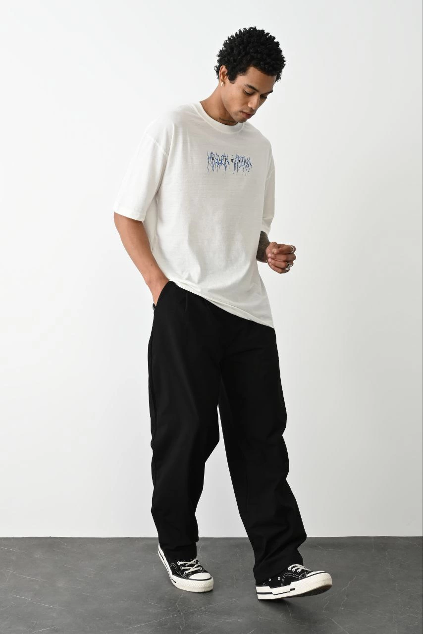 Erkek Kısa Kol Yazlık Tişört Bisiklet Yaka Baskılı Oversize T-Shirt -  Beyaz
