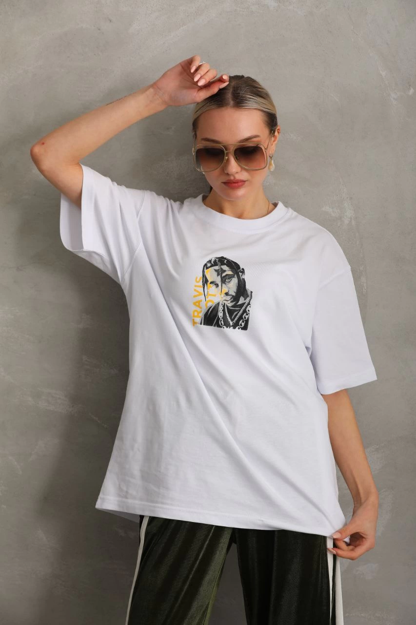 Kadın Baskılı T-Shirt Kısa Kol Bisiklet Yaka Oversize Rahat Kalıp Günlük Tişört - Beyaz