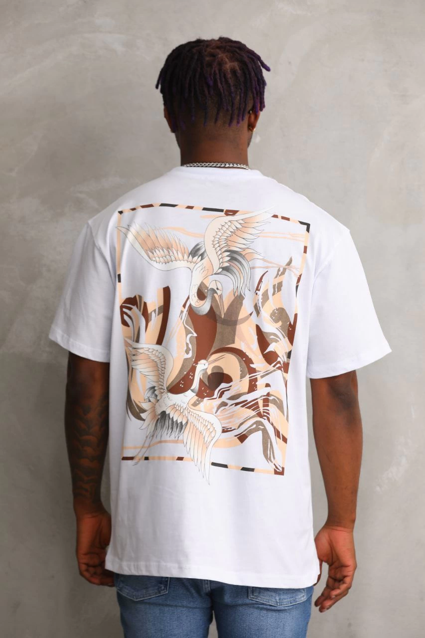 Erkek Baskılı T-Shirt Kısa Kol Bisiklet Yaka Rahat Kalıp Tişört - Beyaz