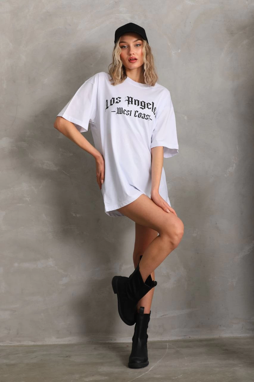 Kadın Baskılı Tişört Kısa Kol Bisiklet Yaka Oversize T-Shirt - Beyaz
