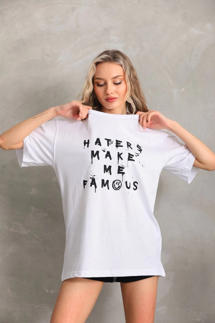 Kadın ön ve arka Baskılı Oversize Kısa kol  T-Shirt - Beyaz