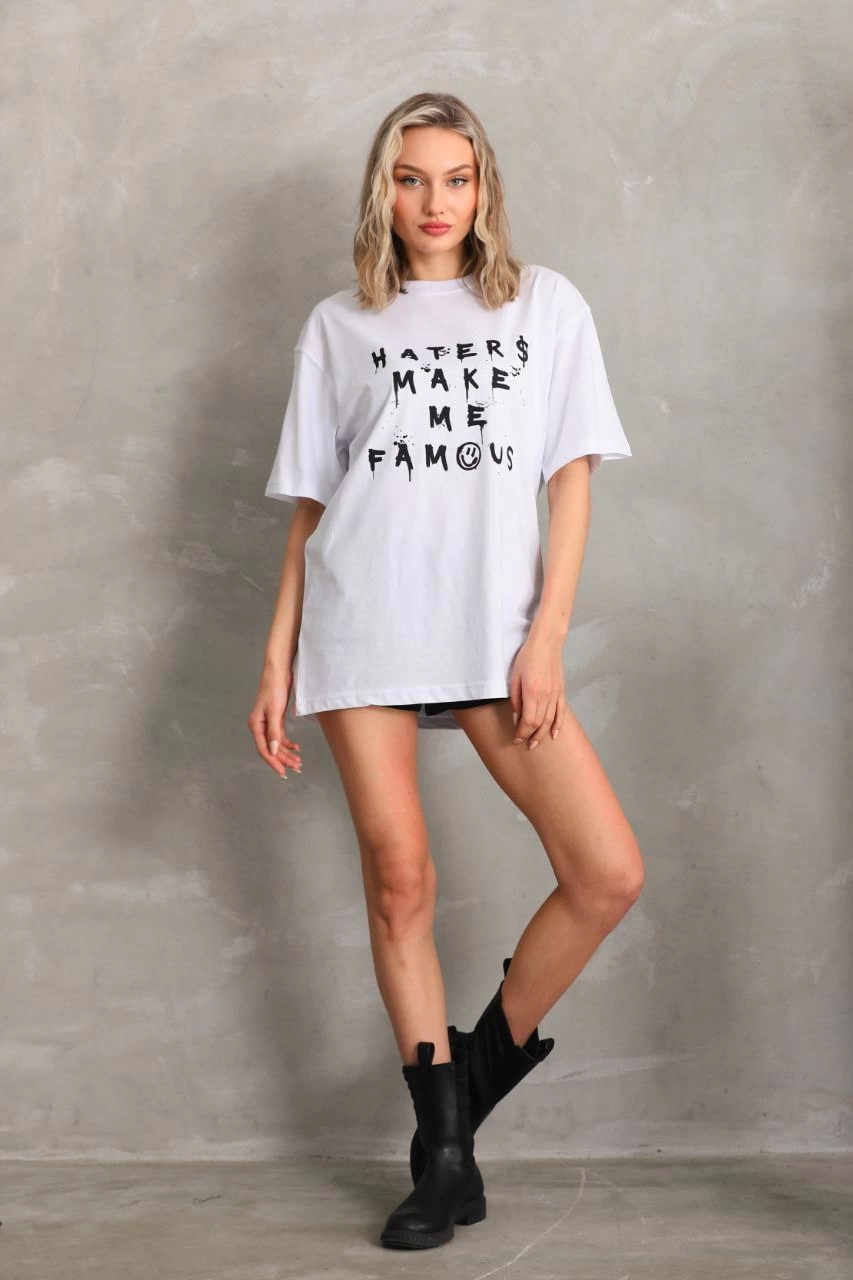 Kadın ön ve arka Baskılı Oversize Kısa kol  T-Shirt - Beyaz
