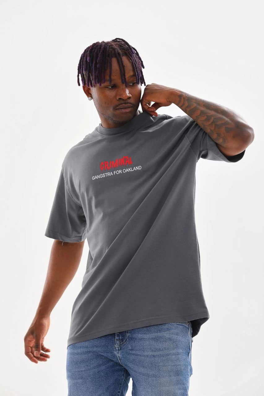 Erkek Baskılı T-Shirt Kısa Kol Bisiklet Yaka Rahat Kalıp Tişört - Füme