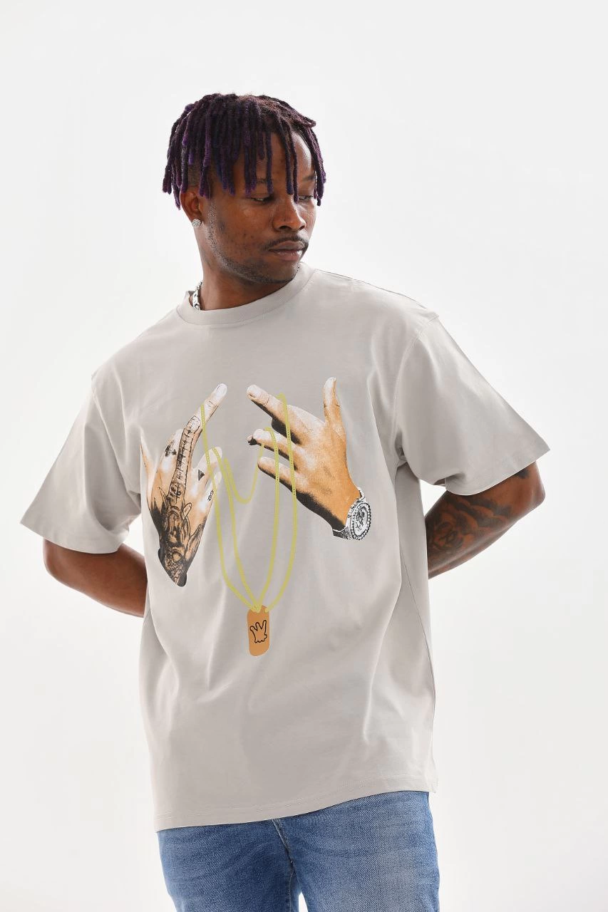Erkek Baskılı T-Shirt Kısa Kol Bisiklet Yaka Rahat Kalıp Tişört - Gri