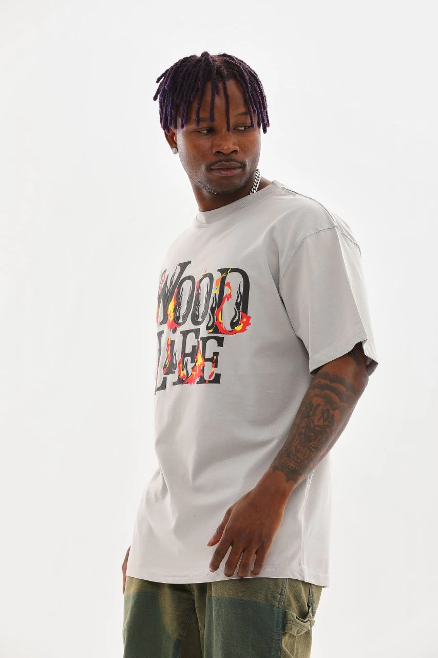 Erkek Kısa Kol Yazlık Tişört Bisiklet Yaka Baskılı Oversize T-Shirt - Gri