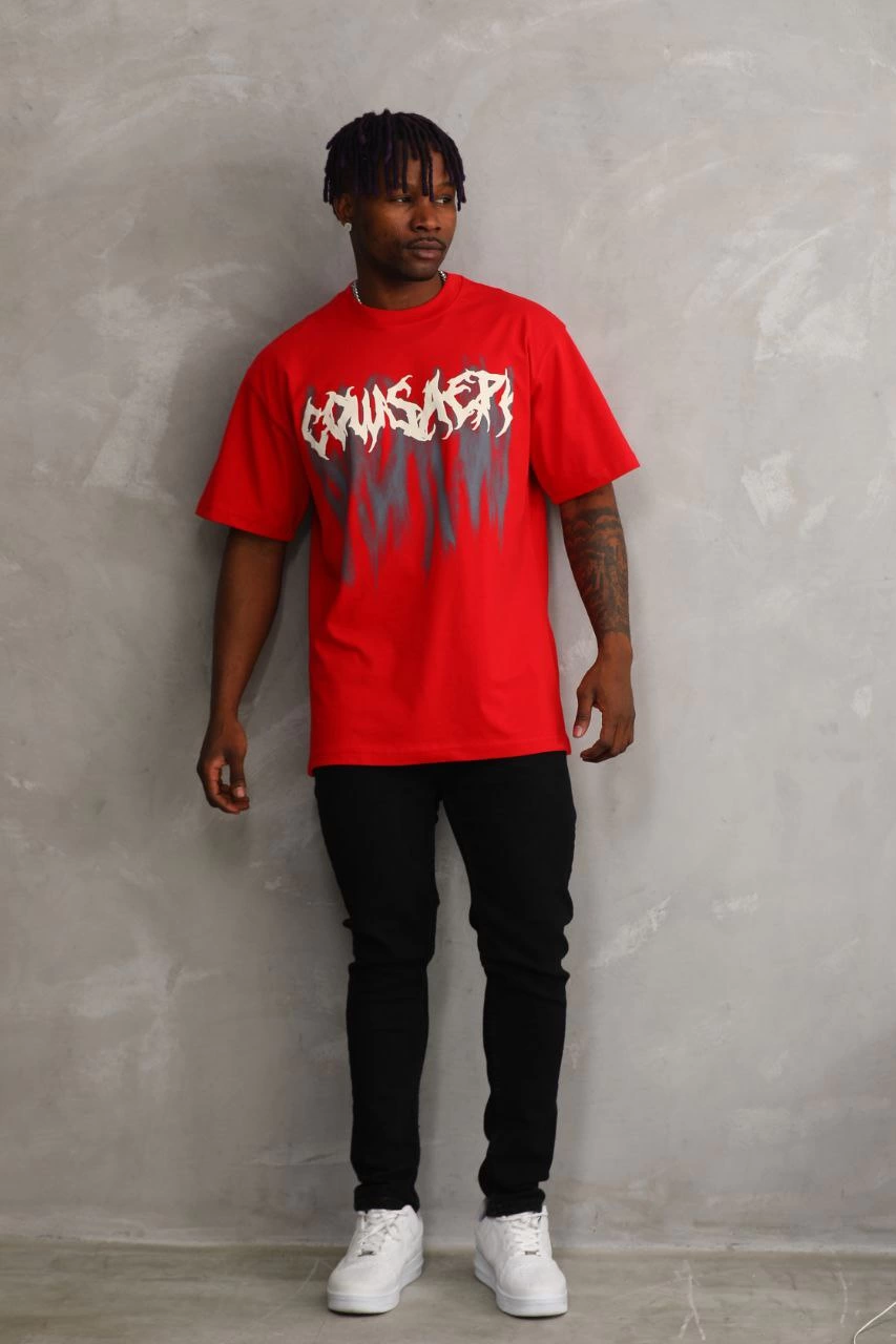 Erkek Baskılı T-Shirt Kısa Kol Bisiklet Yaka Rahat Kalıp Tişört - Kırmızı