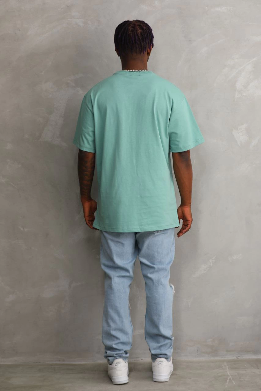 Erkek Baskılı T-Shirt Kısa Kol Bisiklet Yaka Rahat Kalıp Tişört - Mint Yeşili