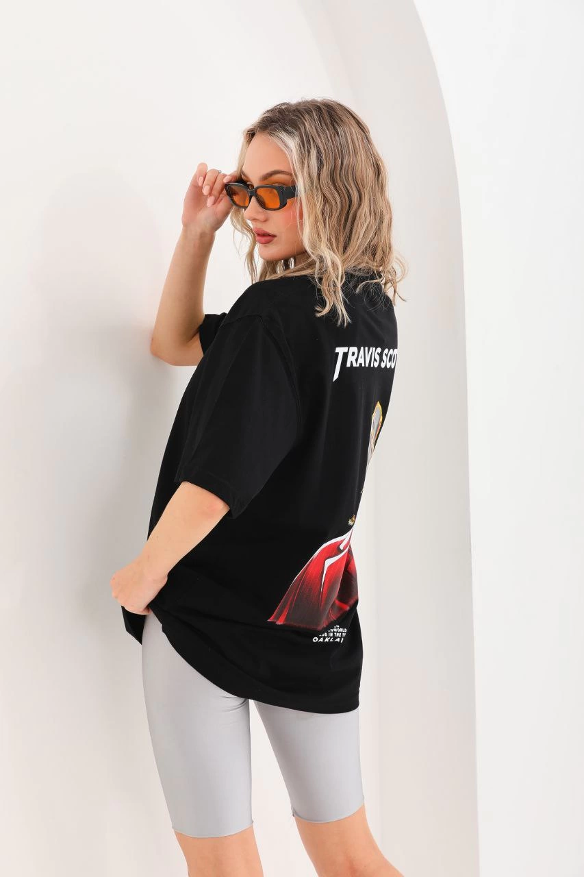 Kadın Baskılı T-Shirt Kısa Kol Bisiklet Yaka Oversize Rahat Kalıp Günlük Tişört - Siyah